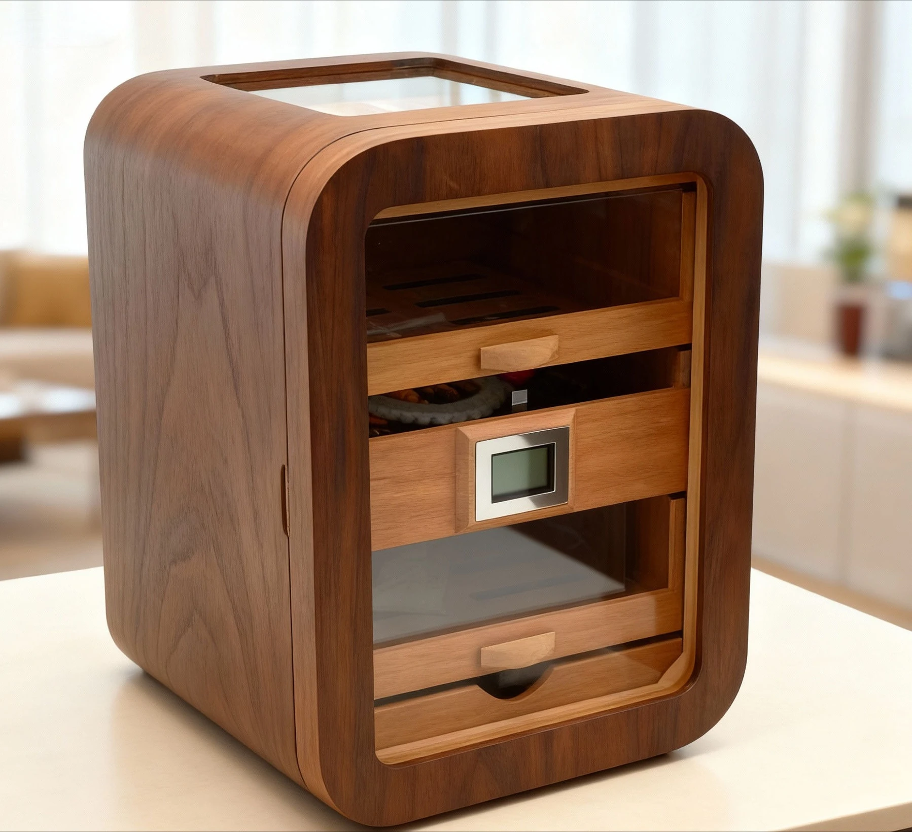 Cedar Wood Cigar Humidor Box with Hygrometer & Glass Display Window