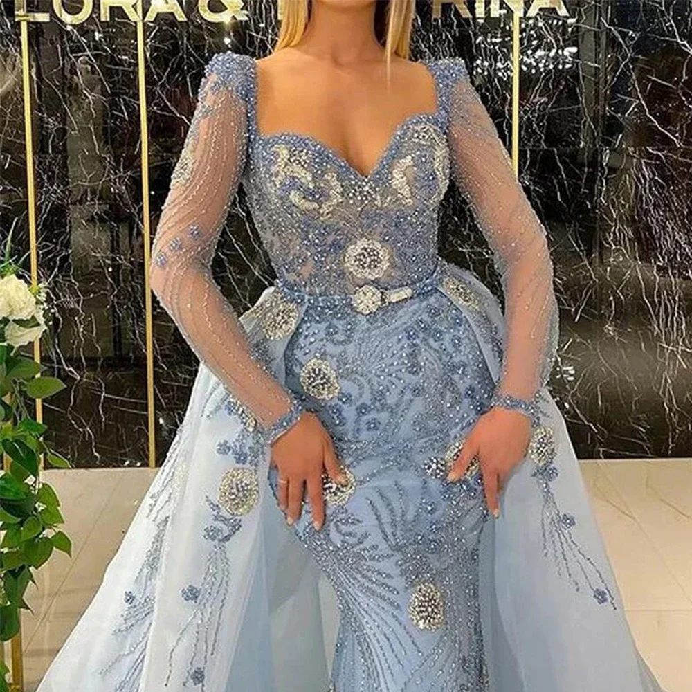 2024 Sparkly Mermaid Prom Dresses Long Sleeves Sweetheart Beading With Ruffle Tulle Detachable Train Evening Gown Robe De Soirée