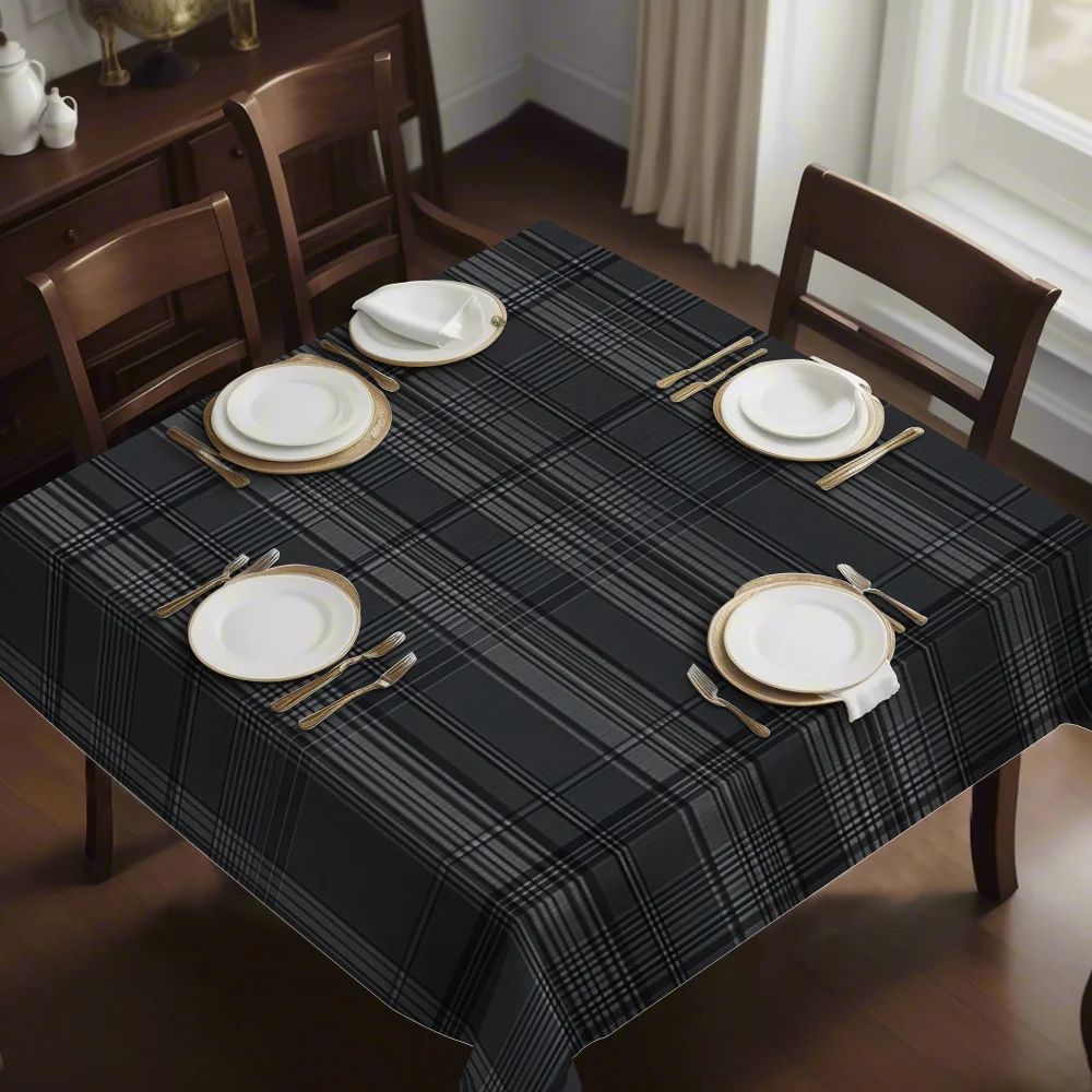 Newly designed printed square tablecloth. For holiday-themed parties. Dark gray check pattern. Interwoven lines.