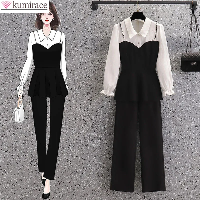 

New Style Bubble Sleeve Slim Shirt Pants Suit Elegant Womanliness Two Piece Women's Tracksuit Office Casual Work Clothes