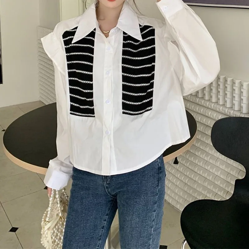 Korean All-match Knitted Spliced Long Sleeve Shirt For Female 2023 Loose Fashion Turn-down Collar Blouse Autumn Women's Clothing