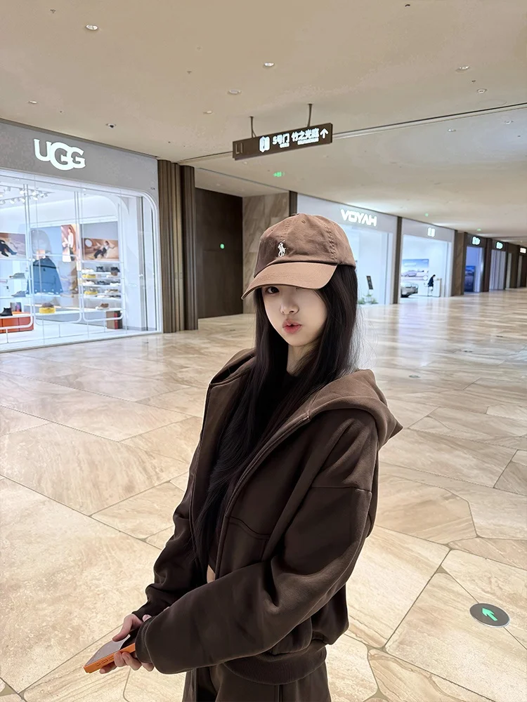 

Американский открытый кардиган с капюшоном на молнии, коричневый свитшот, женский зимний новый тонкий свободный повседневный ленивый Sle Jaet