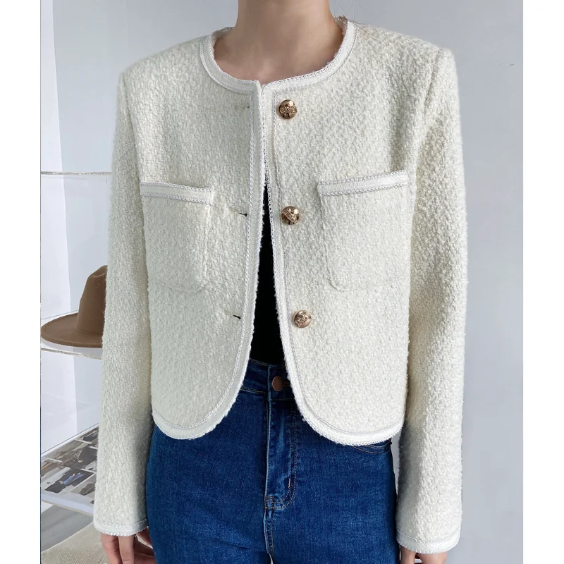 

Simple Wool Blended Small Fragrance Short Coat Women Fashion Black White Casual Basic Office Lady Daily Tweed Chic Jacket