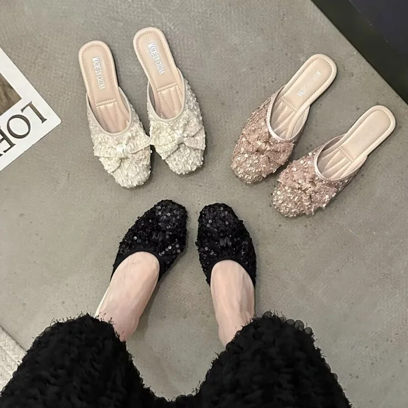 

Women's Sweet Style Sequined Baotou Slippers Spring and Summer New Fashion Elegant Joker Square Bow Design Flat Slippers.