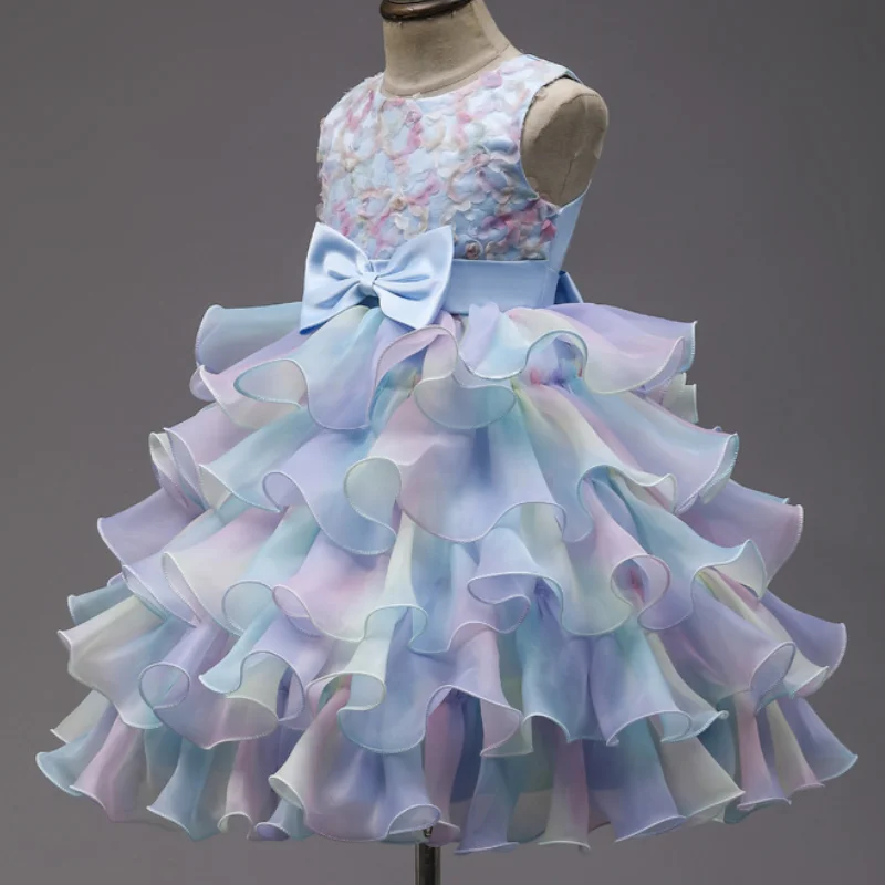 Summer New Wedding Flower Girl Birthday Party Rainbow Bow Fluffy Skirt Christmas School Stage Drama Mesh Performance Dress