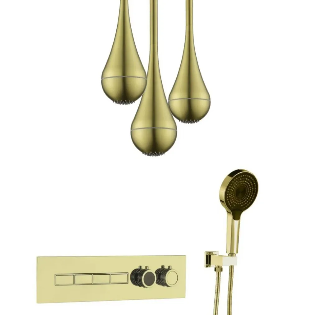 

Brushed Gold Water Droplet Shape LED Shower Head 4 Functions Shower Mixer Set