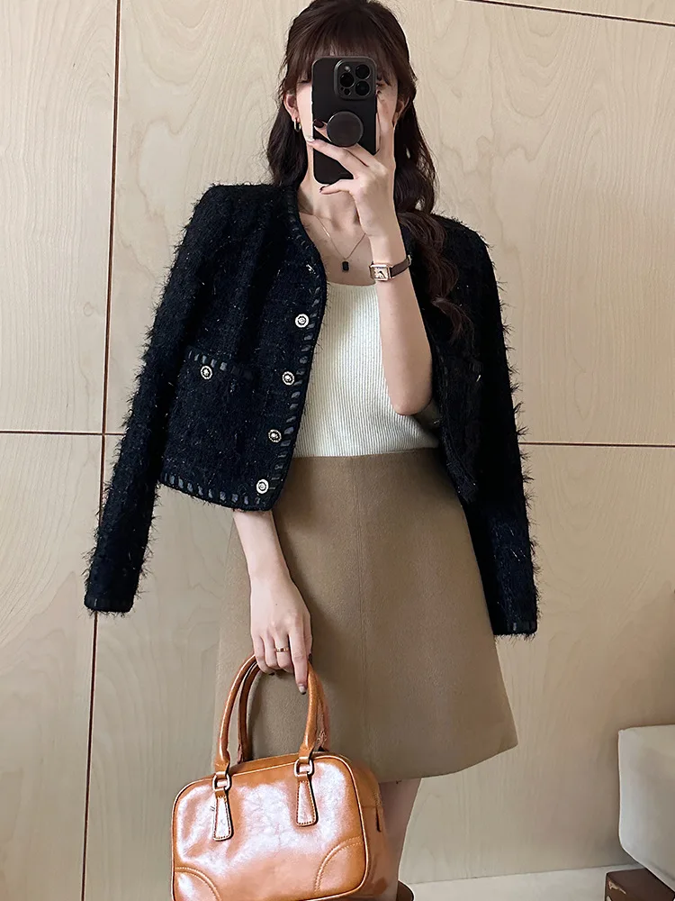 French tweed short jacket autumn new single-breasted cotton lining outerwears ropa mujer suit for women traf woman blazer luxury