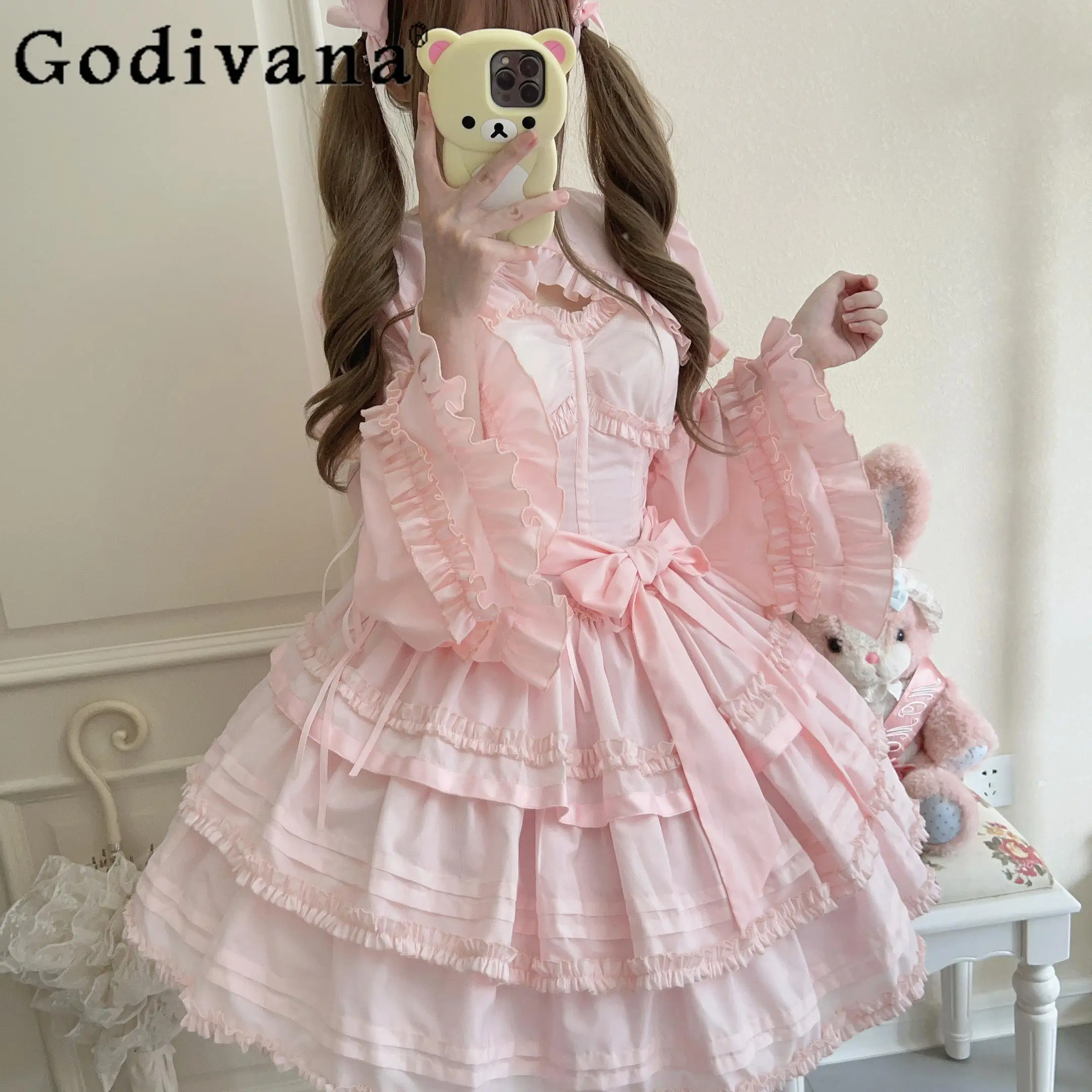 

Princess Style Pink Lolita Fishbone Dress Slim Waist Girls Women's Detachable Sleeve Sweet Small Cape Jsk Dress Fairy Dress Set