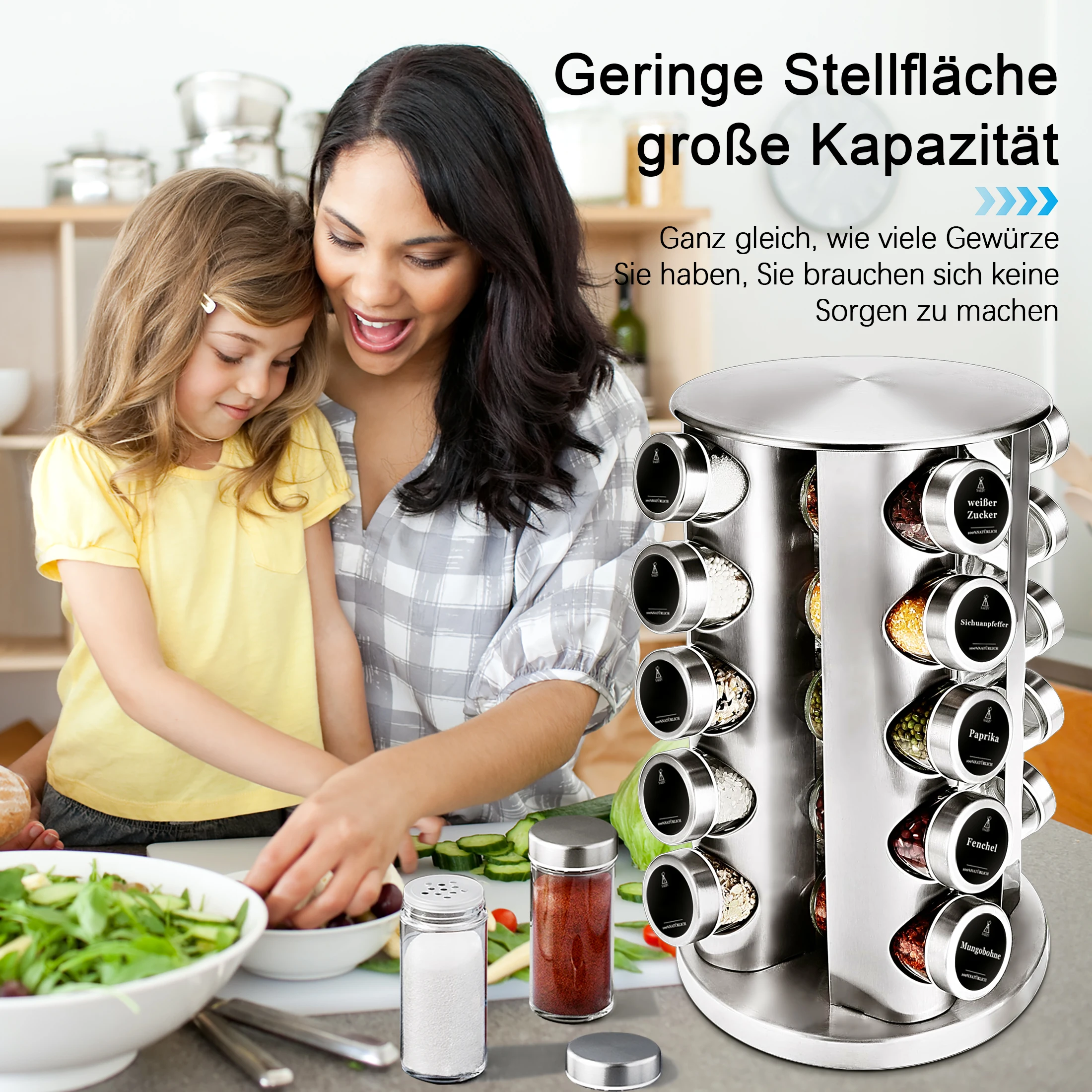 SIAZIH Drehbares Gewürzregal-Set mit 12/20 luftdichten 100ml Gewürzgläsern aus Glas mit Deckeln und Etiketten 360 ° Edelstahl-Gewürzorganizer für die Küchenarbeitsplatte, Gewürzhalter, Küchenlagerung & -organisation | Küchenregal | Gewürz-Organizer – Detail 9