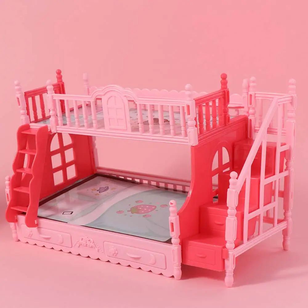 

Pretend Play Dollhouse Bunk Bed Small Furniture Simulation Doll Bed Princess Bedroom Decoration Pink Color Dollhouse Furniture