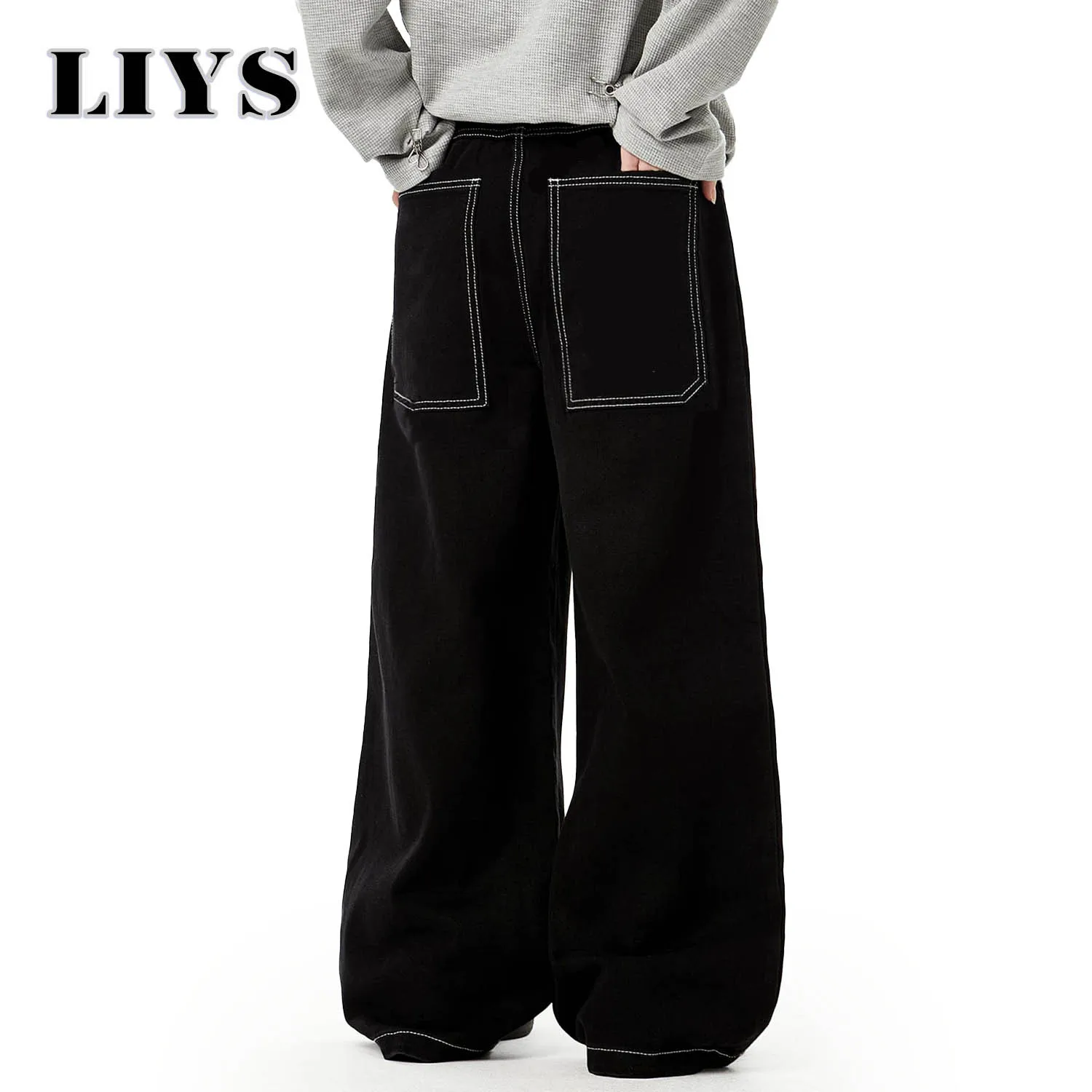 الخريف الرجال الرجعية الأسود فضفاض واسعة الساق الجينز الأمريكية الأساسية للجنسين فضفاض اليومية عارضة الدنيم السراويل النسائية الجينز الأسود مكدسة #5