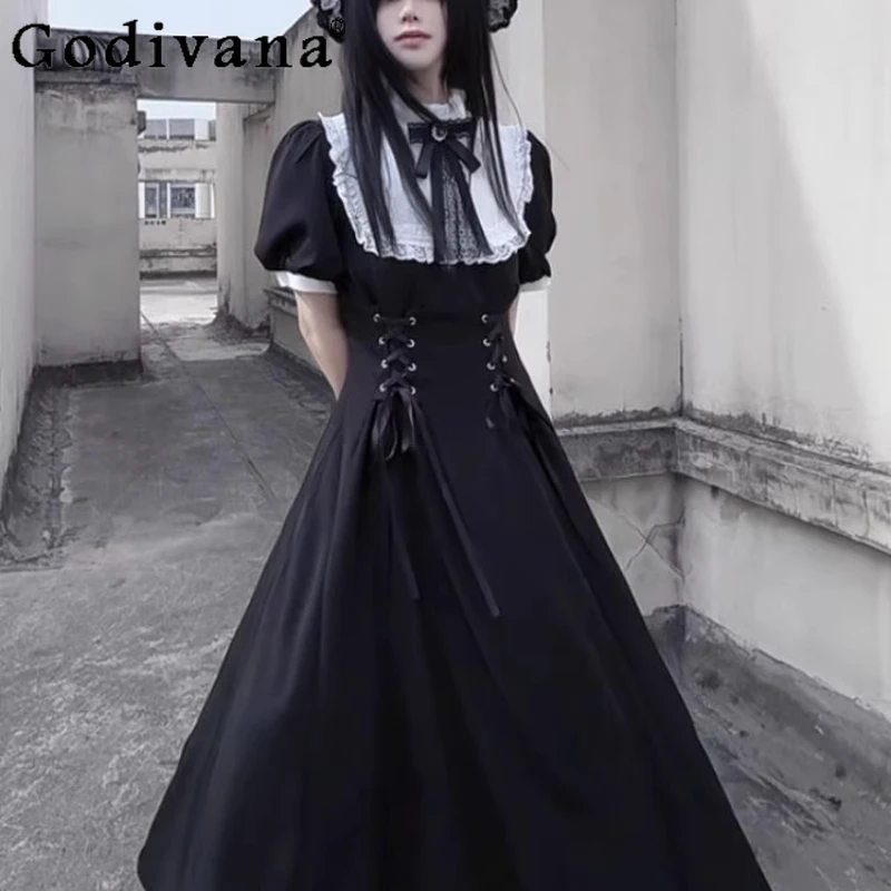 

Summer New Japanese Style Dress Women's Elegant Gothic Dark Style Lolita Dress Female Waist Slimming Black White Dress