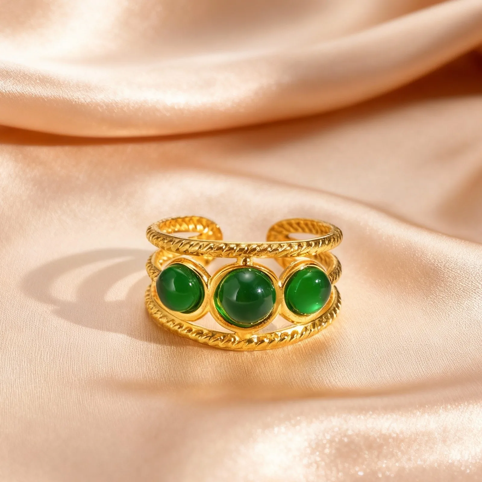 Women's Stainless Steel Finger Jewelry Bohemian Stylish Green Natural Stone Twist Texture Multi-layer Rings for Party Daily Wear