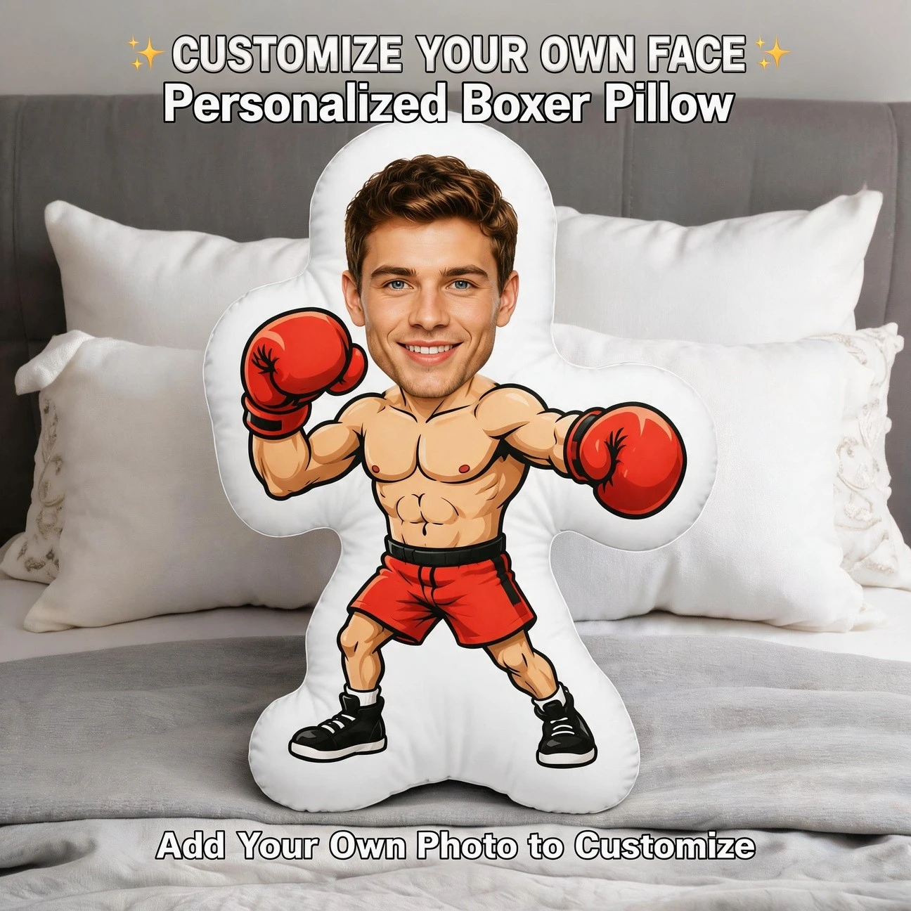 Custom Photo Boxer Shaped Pillow, Personalized Face Boxing Style Decorative Cushion, Unique Home Decor Accent for Sofa & Bedroom