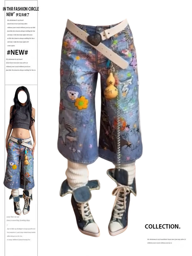 

Summer Women Tomboy Graphic Japanese Abi Jorts Jean Y2K 2000s Aesthetic Capri Pants Japanese Harajuku Denim Tide Hip-pop New