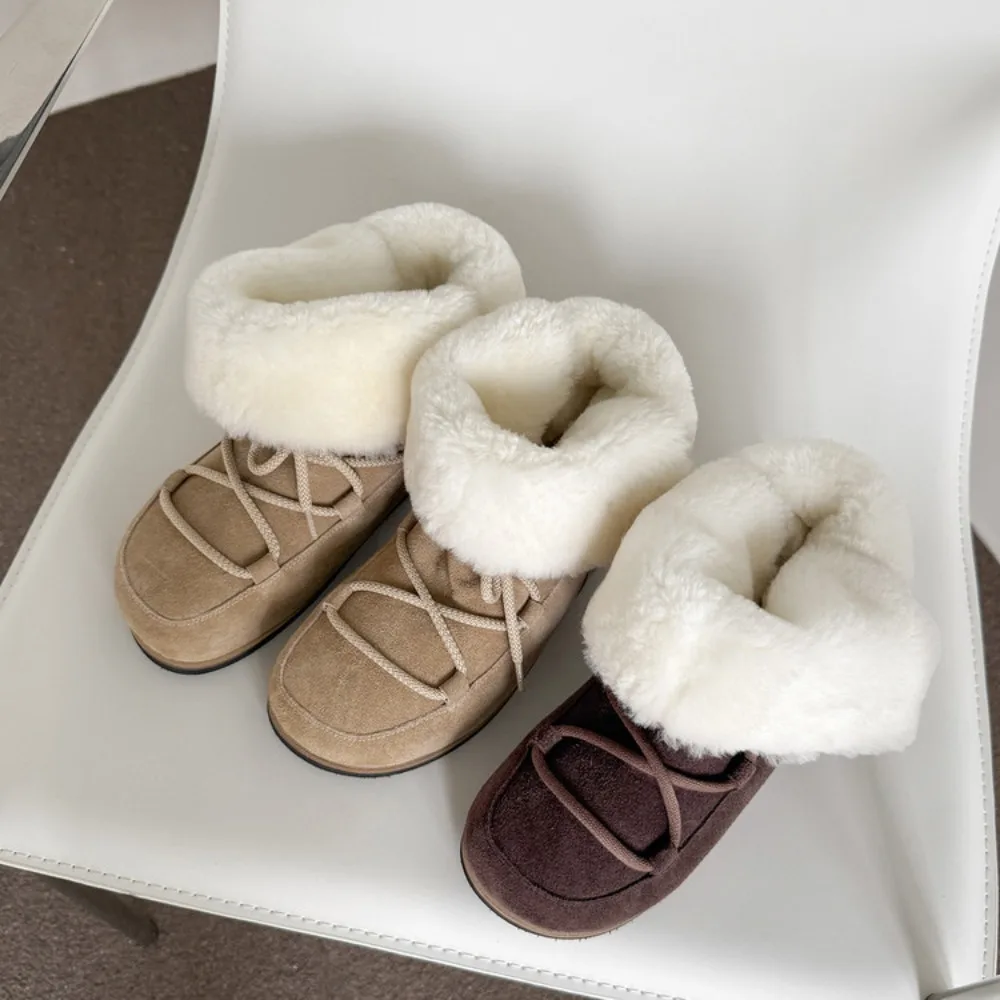 

Women's 2025 Winter Sheepskin Snow Boots Round Toe Lace-Up Warm Lined Casual