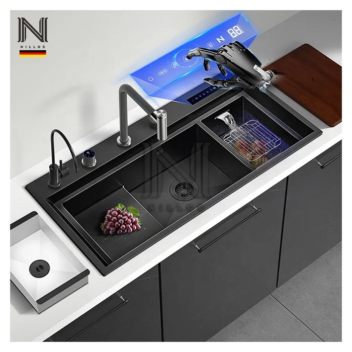 11550N7 Factory Price Multifunctional 304 Stainless Steel Stepped Sink Nano Black Farmhouse Kitchen Sink With Food Disinfecting