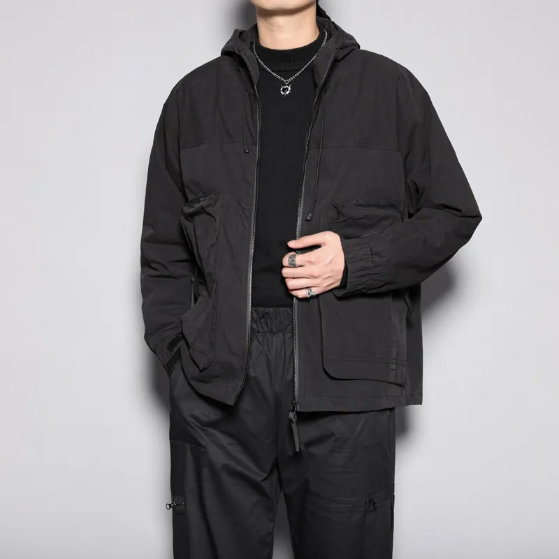 High Quality Japanese-Style Retro Men's Clothes Tooling Multi-Pocket Casual Hooded Cotton-Padded Clothes Khaki Coat Jacket