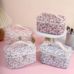 Cotton Cosmetic Pouch Floral Pattern Capacity Cosmetic Bag Dual Zipper Makeup Organizer Portable Travel Storage Wash Bag