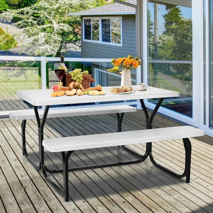 طقم طاولة نزهة خارجية بإطار معدني وسطح مقاوم لجميع الأحوال الجوية مثالي لحديقة الفناء الخلفي بجانب حمام السباحة #2