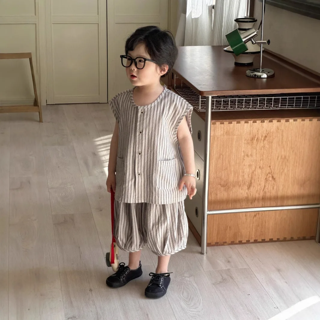 2025 New Summer Set Men's Baby Thin Cotton Striped Children's Tank Top Shorts for Girls Loose and Comfortable
