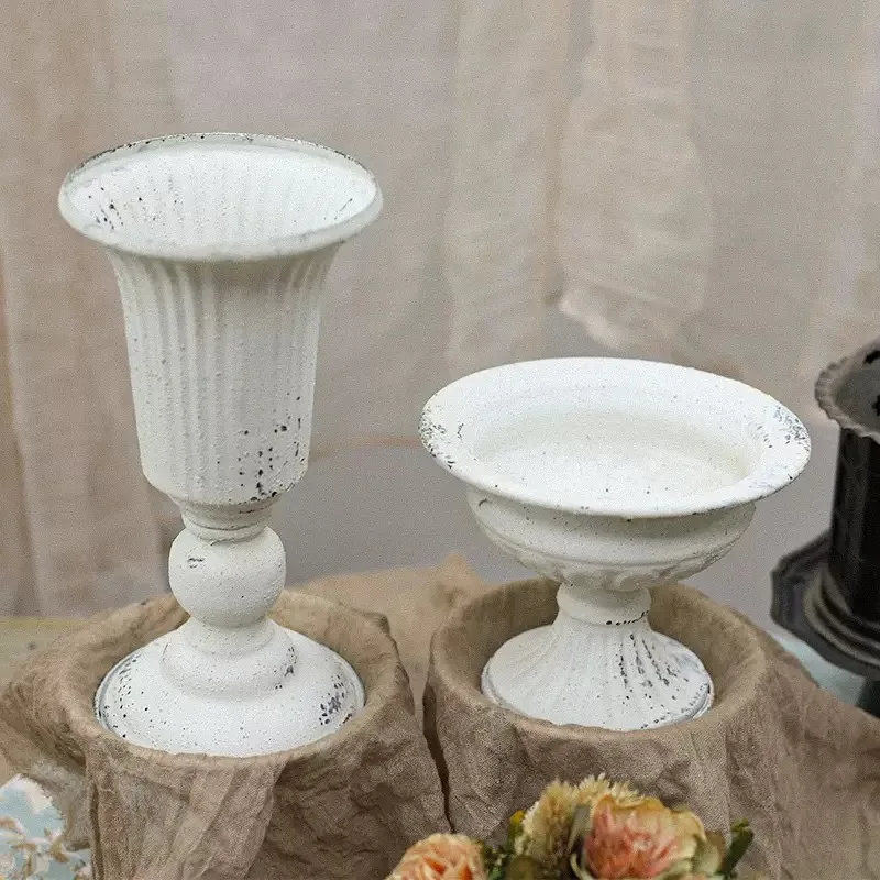 Country farmhouse, vintage white vase, outdoor garden planting, succulent pot, distressed iron tall flower vessel ornament