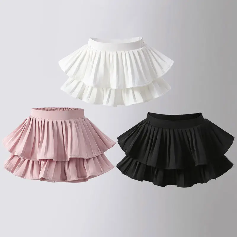 Girls Skirt White Pleated Layered Skirt School Child Black Pink All-match Tutu Casual Infant Kids Mini Short Skirt 3 To 16 Years