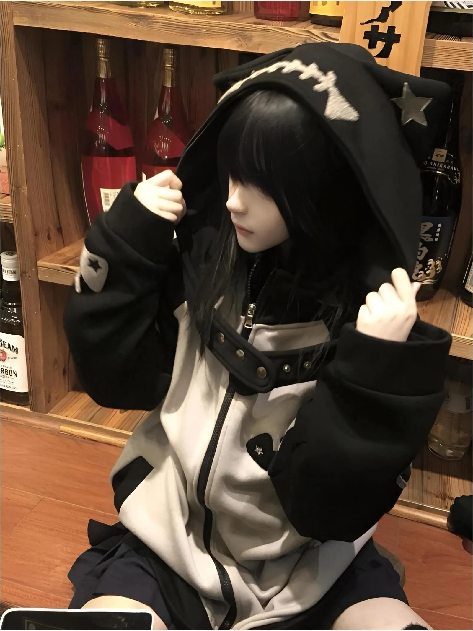 

Japanese Style Fishbone Pattern Loose Fit Zipper Women's Jacket And Hat Slimming Outerwear Two Piece Set for Autumn 2025