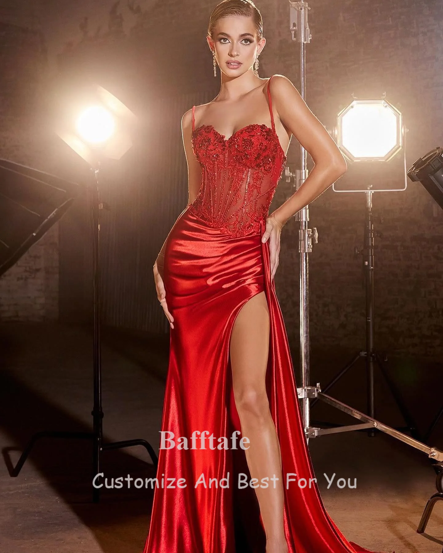 Red Soft Satin Mermaid Evening Dresses Customized Appliques Beaded Formal Party Gowns Women Slit Special Occasion Prom Dress