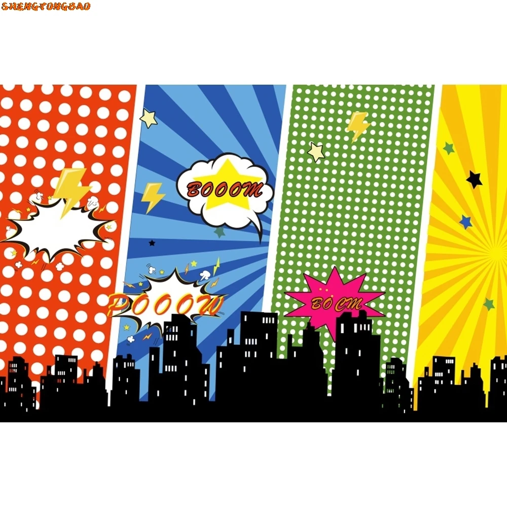Superhero City Building ฉากหลังทารกแรกเกิด Baby Shower Birthday Party Super Hero การถ่ายภาพพื้นหลังตกแต่ง Photo Studio Props