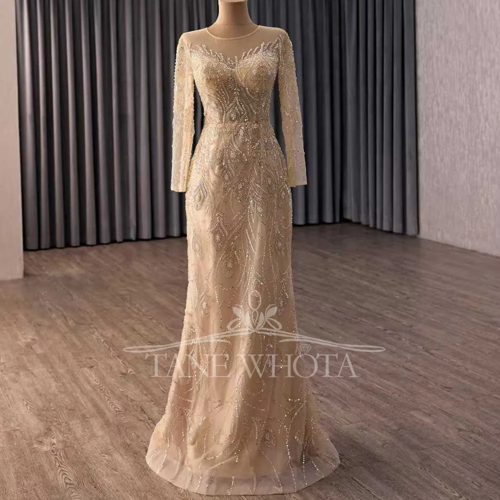 Gold Evening Dress O-Neck Long Sleeves Zipper Sheath Style Robes De Soirée With Detachable Train Beading Sequined Customizable