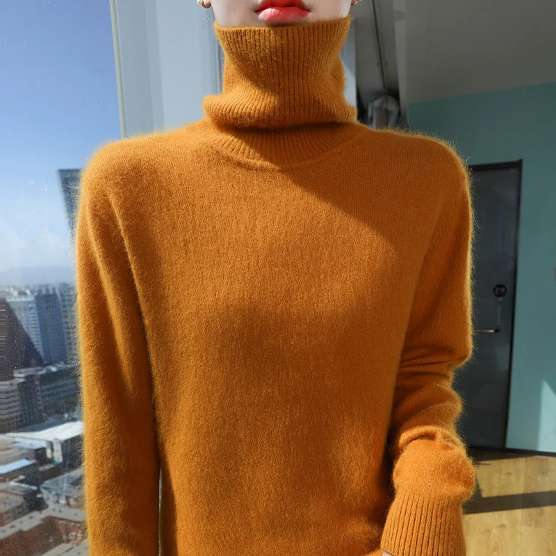 100% mink cashmere sweater Autumn winter new women\'s turtleneck pullover fashion solid color knitted warm base shirt top