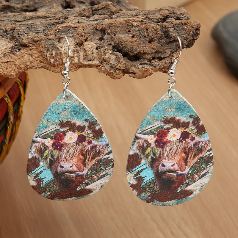 Accessories Personalized Western Wind Rose Flower Leather Earrings Wild Bull Head Print Earrings