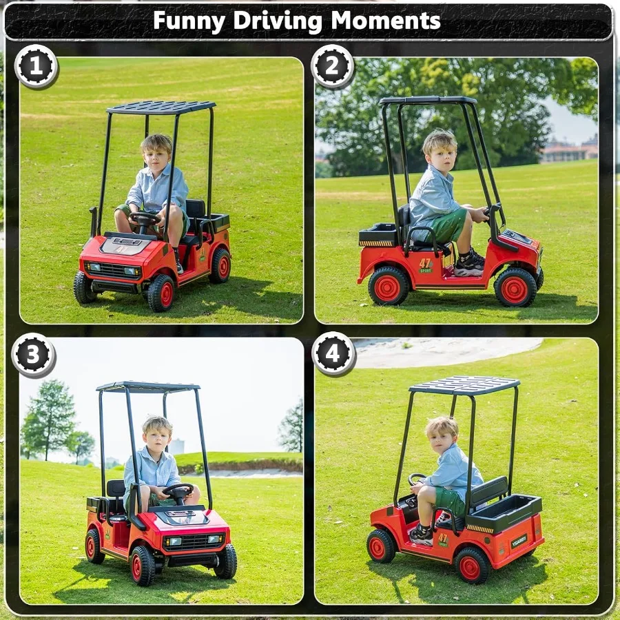 リモコン付きゴルフカート、2人乗り、男の子と女の子向けの乗用玩具、12Vバッテリー駆動の電動車両、プラスチック製の屋根付き