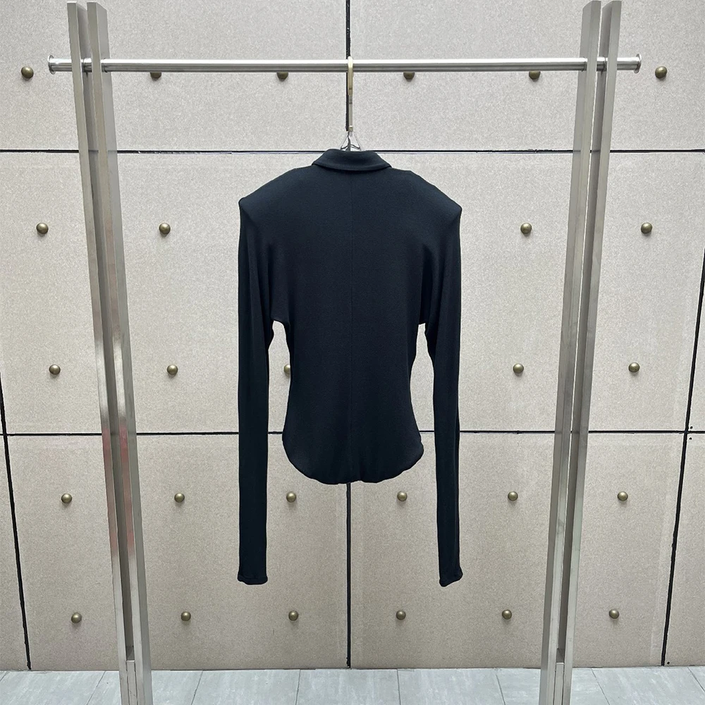 Women Wool Blend Bodysuit Lapel Collar Long Sleeve Button Front Slim Jumpsuit Top Elegant Knit Shirt Lady Casual Basic Romper