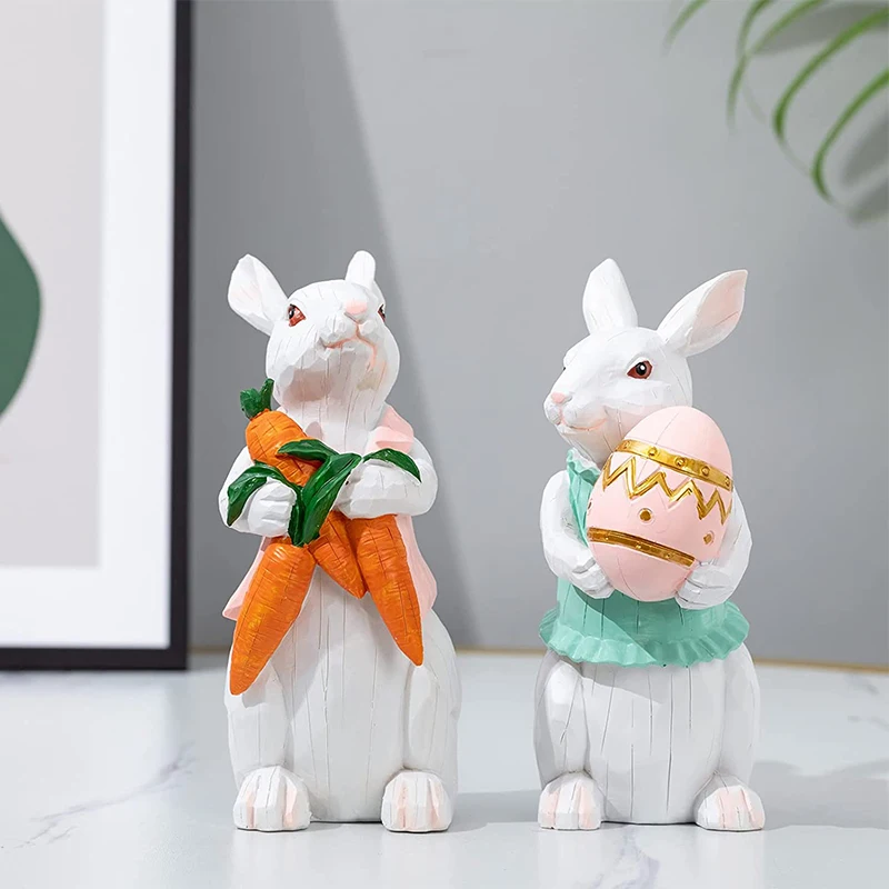 Happy Easter Decoration Lovely Easter Egg Carrot Bunny Figurines Ornaments Resin Rabbit Model Sculpture Home Office Decor Craft