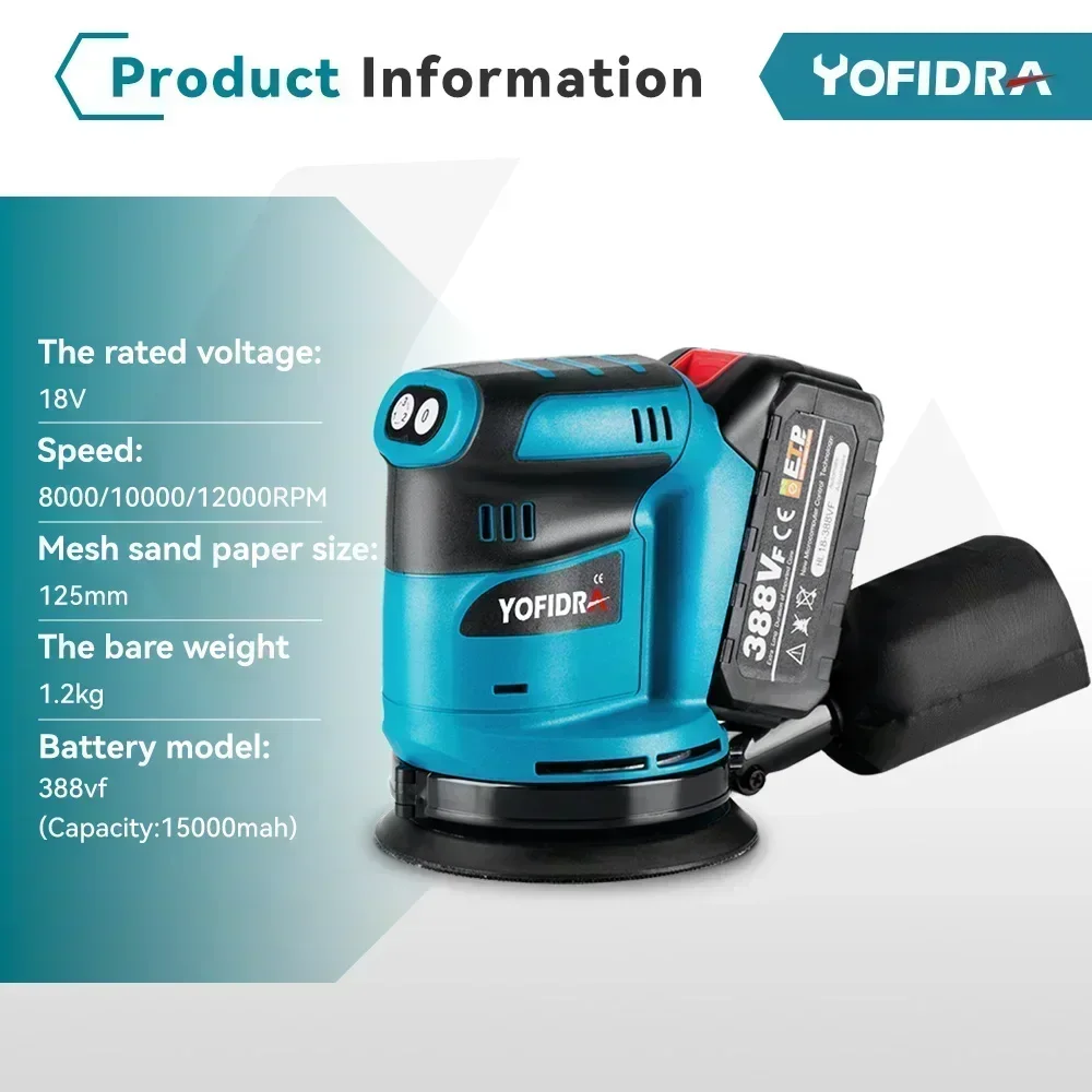 Yofidra 5 Inch Electric Orbital Sander 3 Speed Adjustable Cordless Rechargeable Woodworking Power Tool For Makita 18VBattery