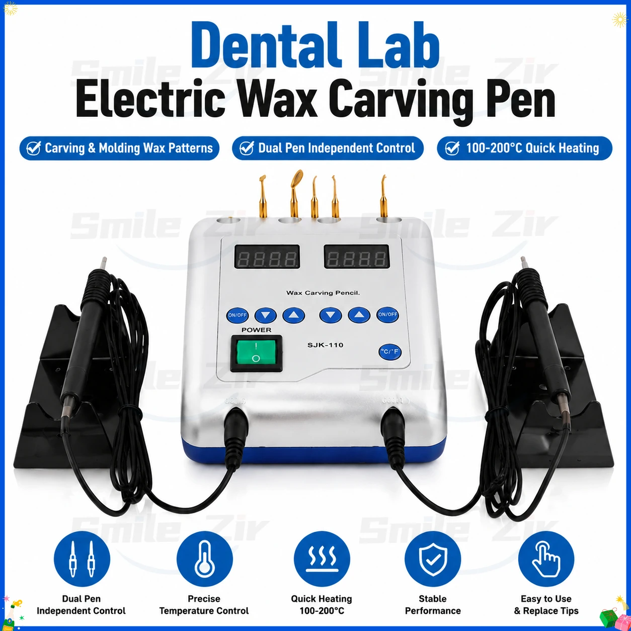 Dental Lab Double Pen Electric Wax Carving Pen Dental Heated Wax Knife Pattern Tool for Dental Wax Crown Bridge Modeling