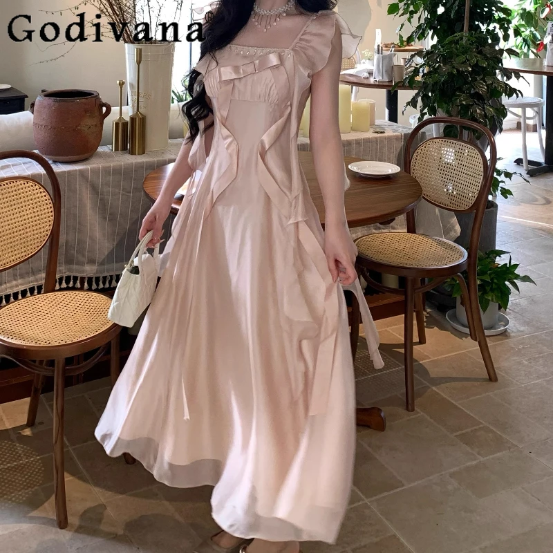 

L-5XL Large Size French Ruffles Sweet Bow Fly Sleeve Dress Girls Summer A-line High Waist Temperament Square Neck Long Dresses
