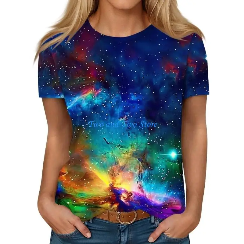 HX6F Women's Starry Print Minimalist Shirt Casual Short-Sleeve Round Neck Pattern T-Shirt