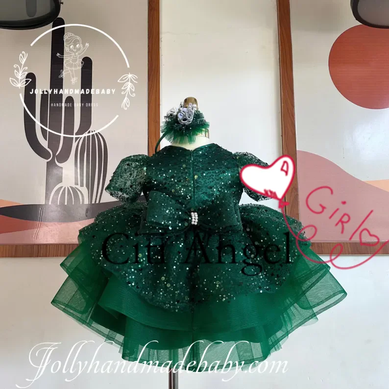 Glitter Green Flower Girl Dress Short Sleeves With Headwear Cute Baby Girl Tutu Party Gown Short Graduation Kids Prom Dress