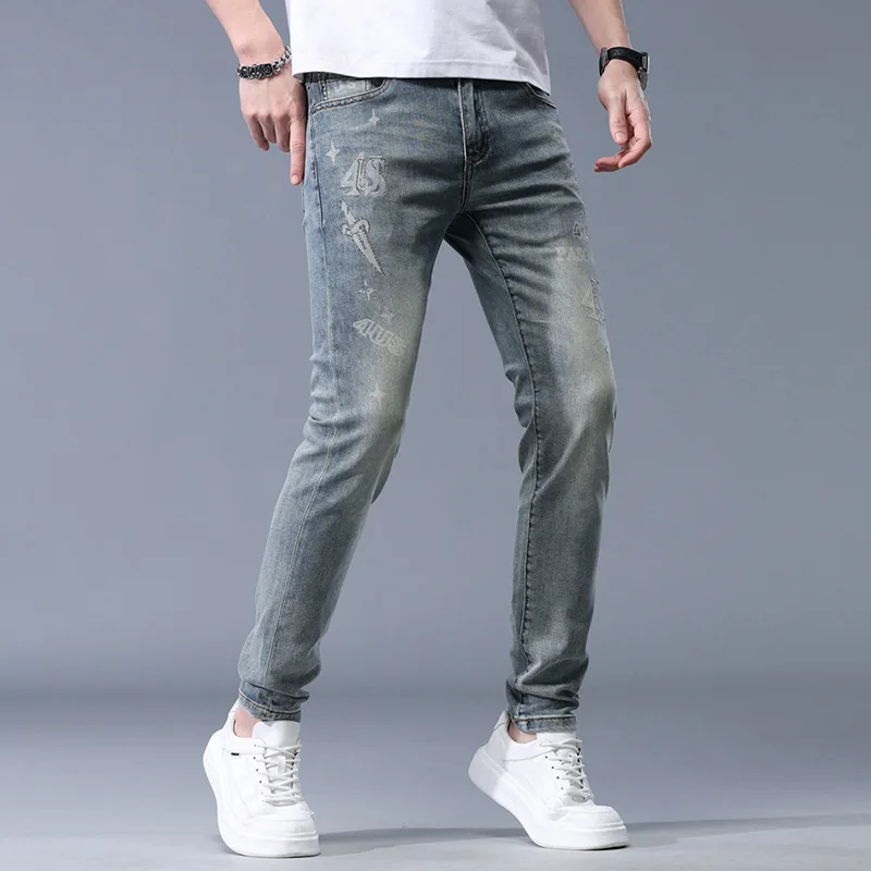 Fashion Rhinestone Printed Jeans Men 2024 New Summer Thin Elastic Light Luxury Versatile Casual Slim Fit Long Skinny Pants