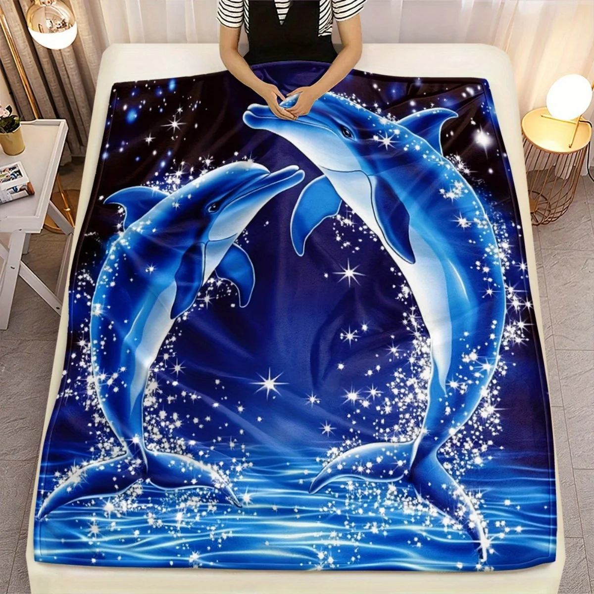 Vivid Dolphin Pattern Twinkling Stars Blue Ocean Sea Life Wildlife Art Charming Warm Gift Blanket For Couch Daybed Canopy
