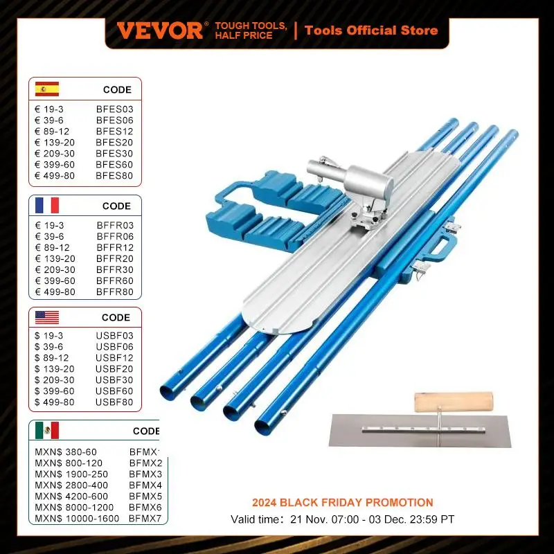 VEVOR Concrete Float 1200x200mm/1200x300mm Finishing Bull Float with 4 Handle Round End Drywall Construction Tools Cement Trowel