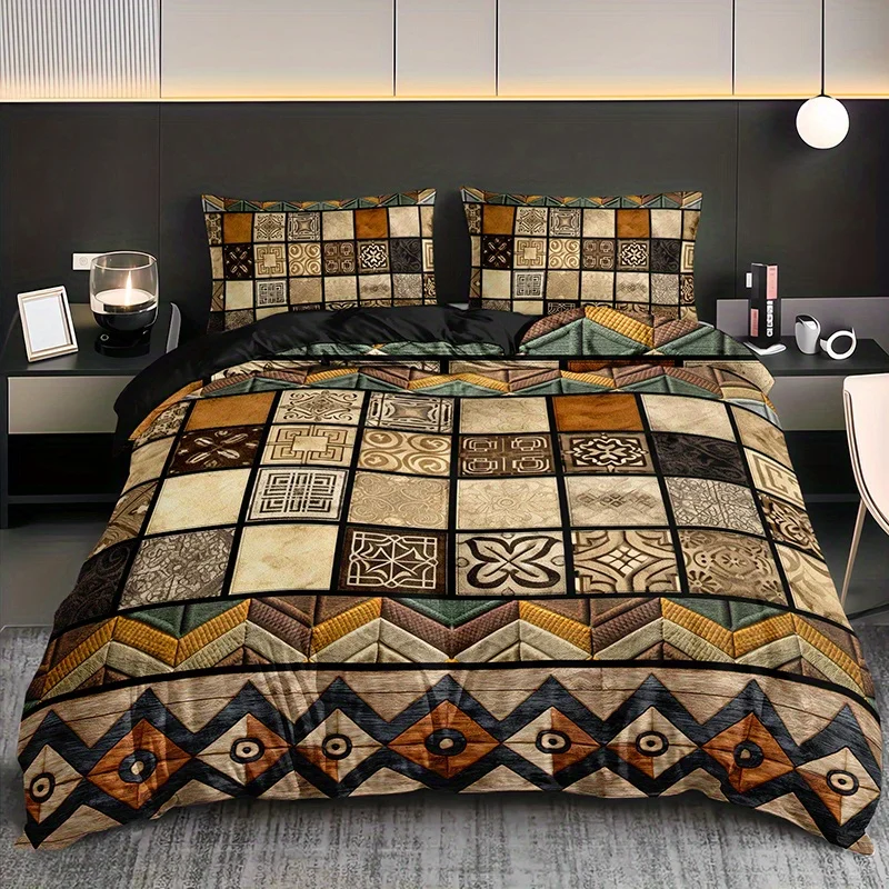Retro Tribal Style Geometric Patchwork Duvet Cover Set 1 Duvet Cover+2 Pillowcases Four Seasons High-Definition Printing