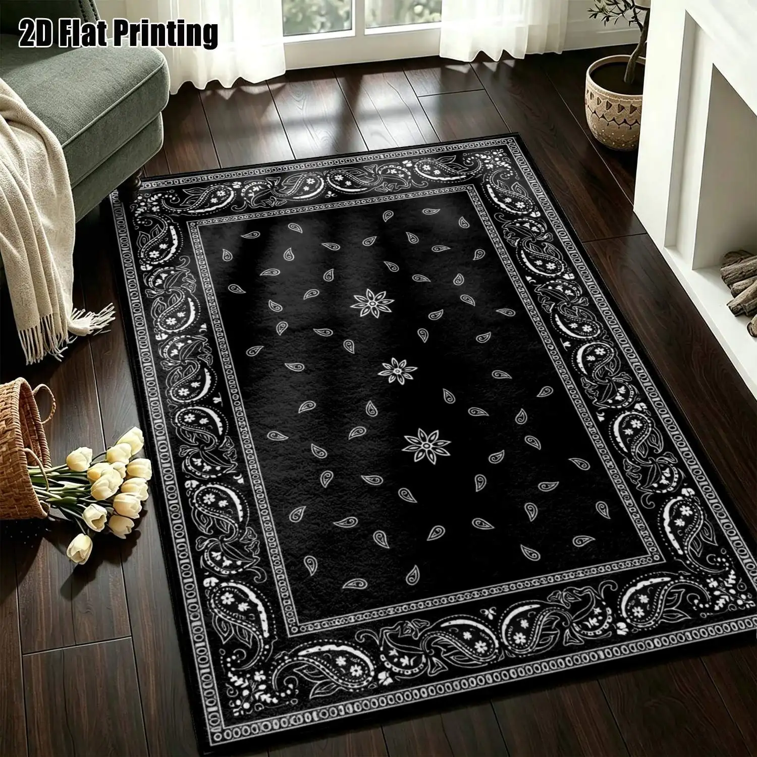 1Pc 2D Printed Black&White Paisley Floral Carpet: European, Bohemian Vintage Geometric Floor Mat, Home Decor, Multi-Size, Machine Washable, for Entrance, Dining, Foyer, Living Room, Bedroom
