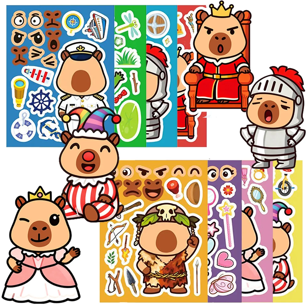 8/16sheets Creative Capybara Puzzle Stickers Make a Face Game Sticker Funny Assemble Jigsaw DIY Cartoon Decals Party Toys Gifts
