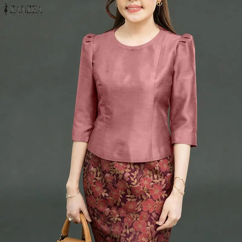 

ZANZEA Women's Elegant Satin Blouses Retro O-Neck 3/4 Sleeve Back Zipper Slit-Fit Short Tops 2026 Spring Summer Woman Clothes