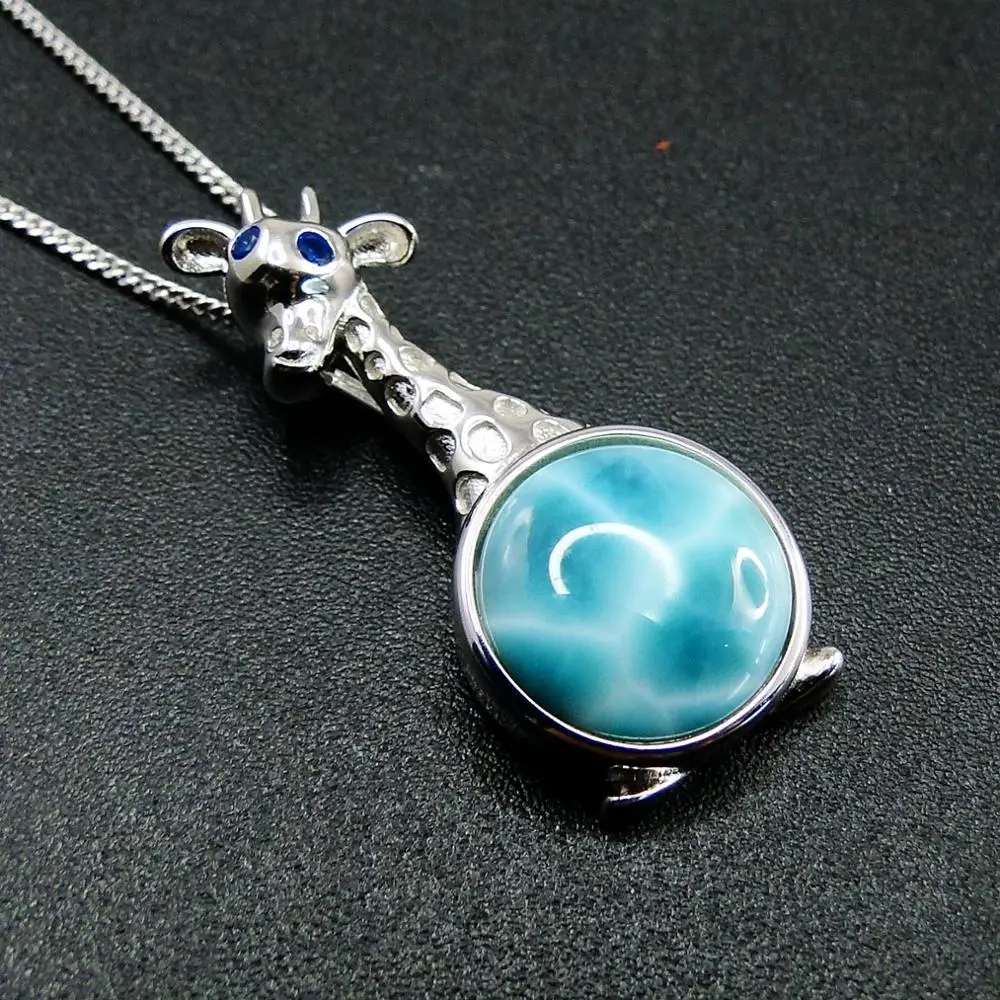 925 Sterling Silver Natural Larimar Pendant Necklace Blue Gemstone Cute Giraffe Pendants Women Fine Jewelry Gift