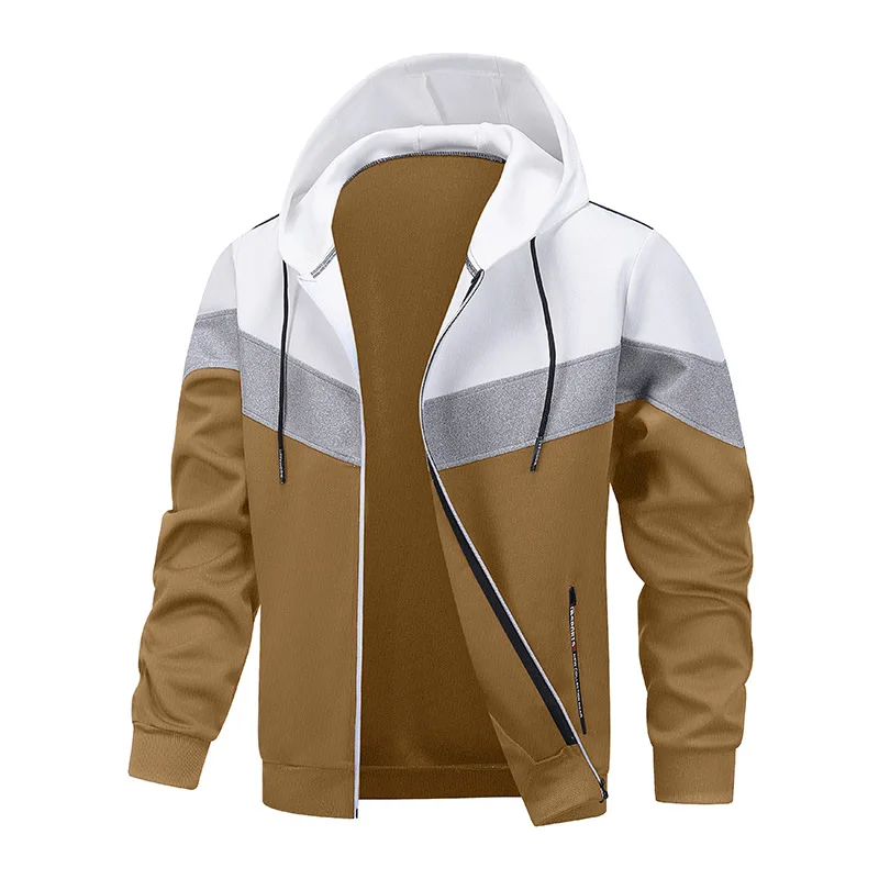 Autumn Men Coat American Retro Contrast Color Pacthwork Male Outerwear Long Sleeve Zipper Versatile Man Hooded Jacket